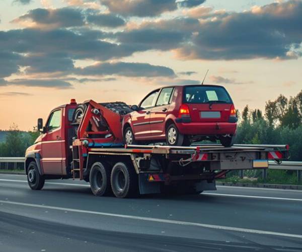 Red flatbed truck providing car towing services for a small vehicle